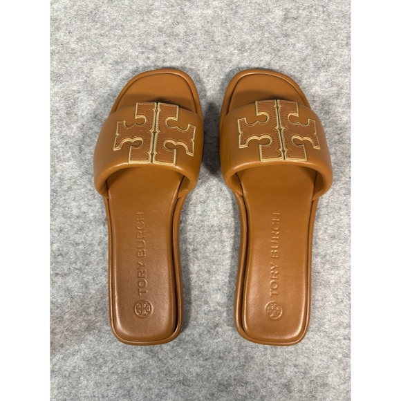 Tory Burch Shoes - Tory Burch Double T Sport Slide Brown/Tan Gold Logo Size 8